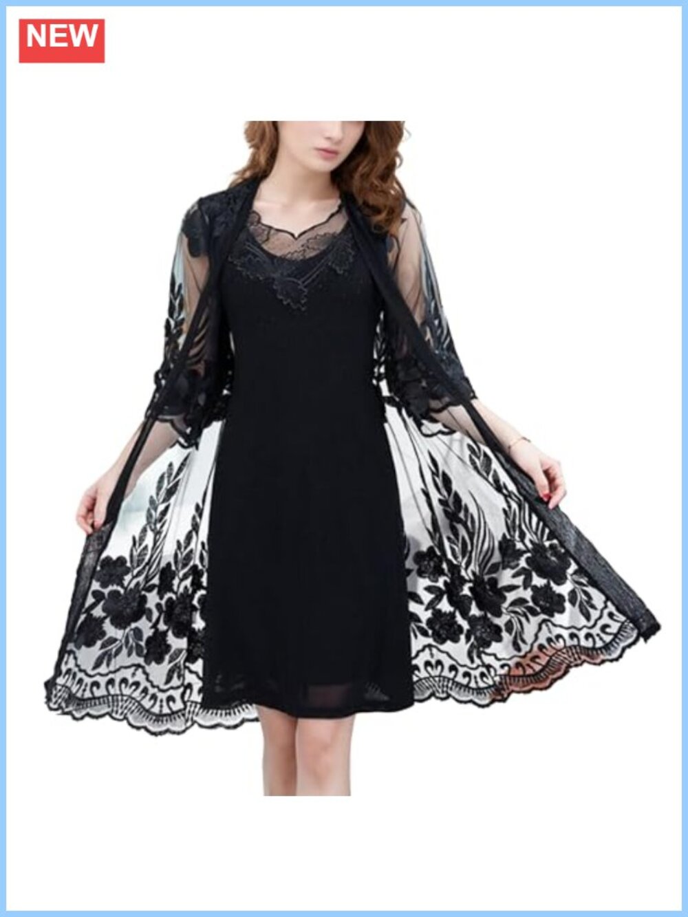 Floral Lace Embroidery Sheer Cardigan 3/4 Sleeve Mid-Long Kimono Coverup